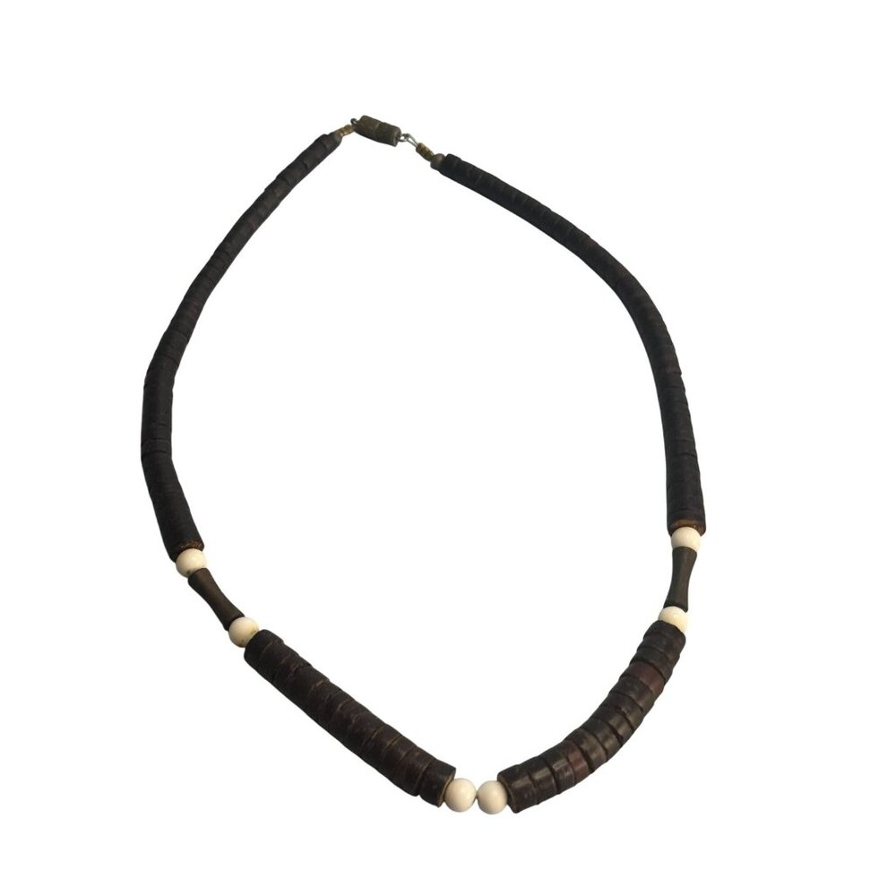 Heshi Style Wood Beads Tribal Folk Art Necklace Brown White 17 Inch Vintage - Picture 5 of 5
